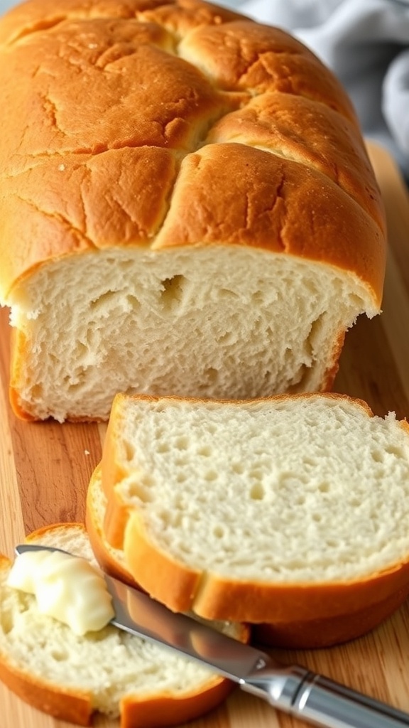 Freshly baked sandwich bread loaf sliced on a wooden board.